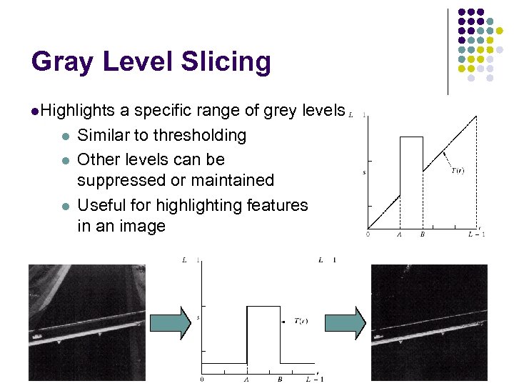 Gray Level Slicing l. Highlights l l l a specific range of grey levels