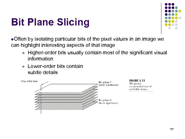 Bit Plane Slicing l. Often by isolating particular bits of the pixel values in