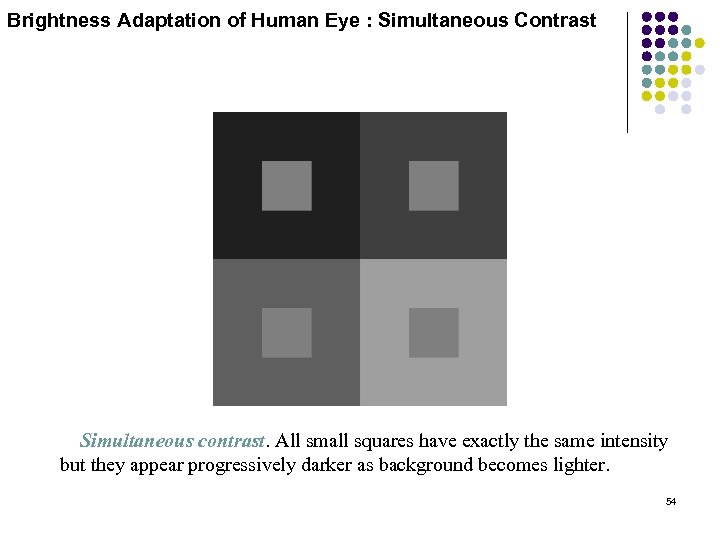 Brightness Adaptation of Human Eye : Simultaneous Contrast Simultaneous contrast. All small squares have