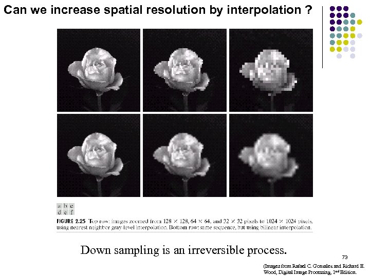 Can we increase spatial resolution by interpolation ? Down sampling is an irreversible process.