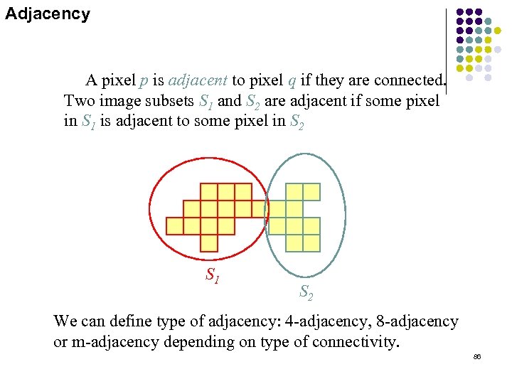 Adjacency A pixel p is adjacent to pixel q if they are connected. Two