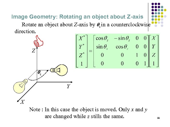 Image Geometry: Rotating an object about Z-axis Rotate an object about Z-axis by qz