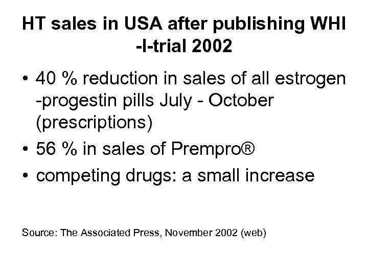 HT sales in USA after publishing WHI -I-trial 2002 • 40 % reduction in