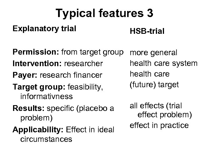 Typical features 3 Explanatory trial HSB-trial Permission: from target group Intervention: researcher Payer: research