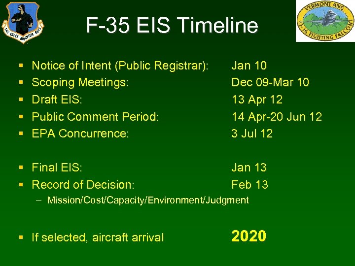 F-35 EIS Timeline § § § Notice of Intent (Public Registrar): Scoping Meetings: Draft
