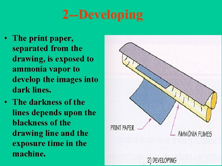 2 --Developing • The print paper, separated from the drawing, is exposed to ammonia