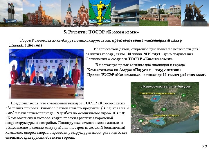 5. Развитие ТОСЭР «Комсомольск» Город Комсомольск-на-Амуре позиционируется как производственно –инженерный центр Дальнего Востока. Исторической