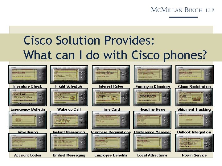 Cisco Solution Provides: What can I do with Cisco phones? Inventory Check Flight Schedule