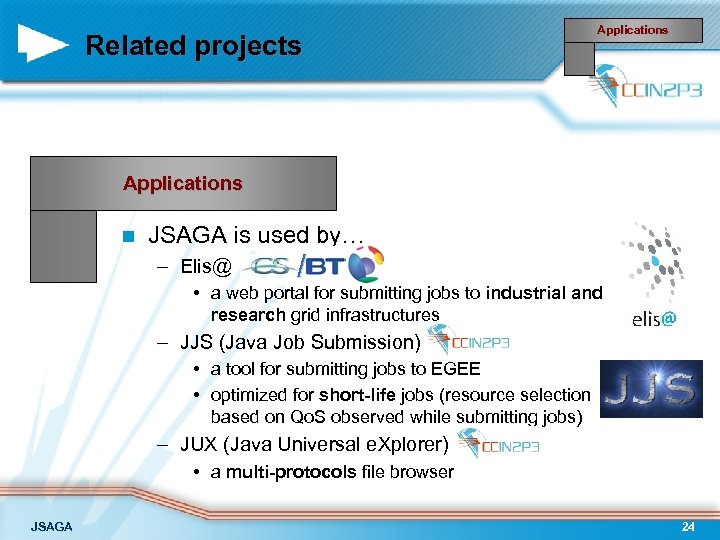 Related projects Applications n JSAGA is used by… – Elis@ / • a web