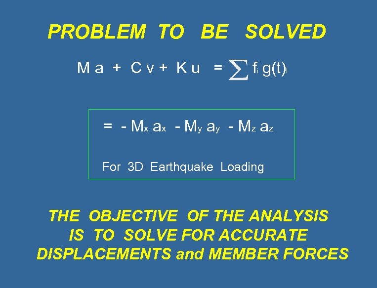PROBLEM TO BE SOLVED Ma + Cv+ Ku = fi g(t)i = - Mx