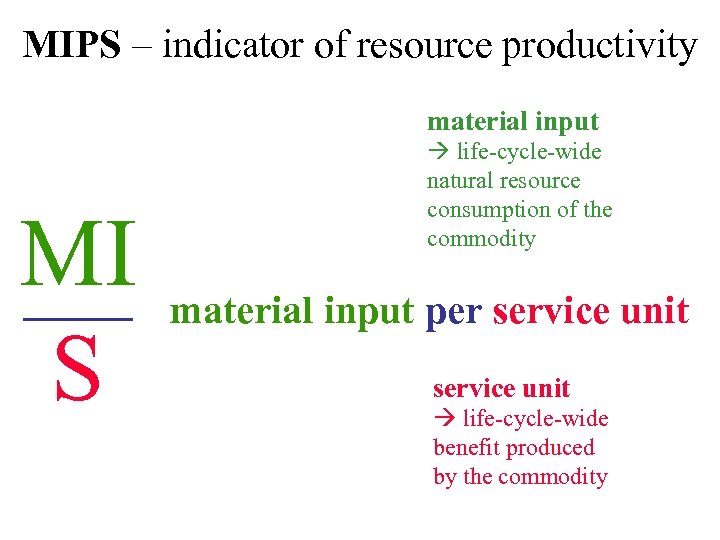 MIPS – indicator of resource productivity material input MI _____ S life-cycle-wide natural resource