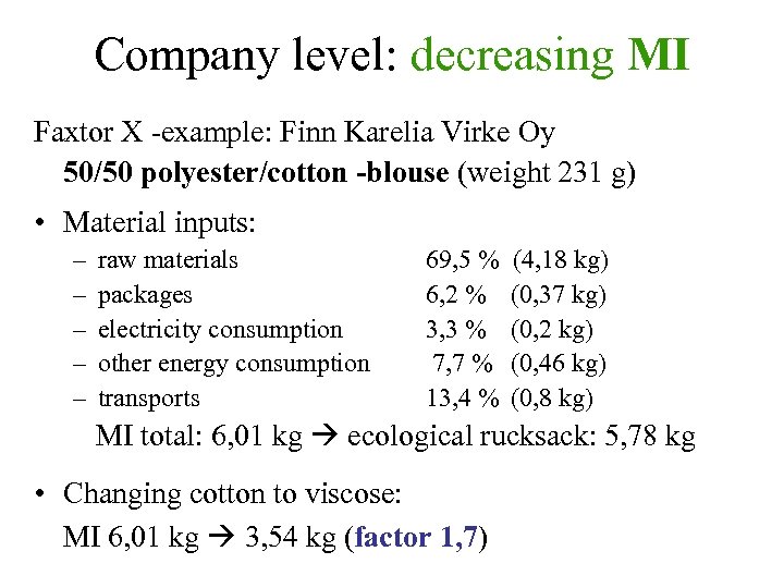 Company level: decreasing MI Faxtor X -example: Finn Karelia Virke Oy 50/50 polyester/cotton -blouse