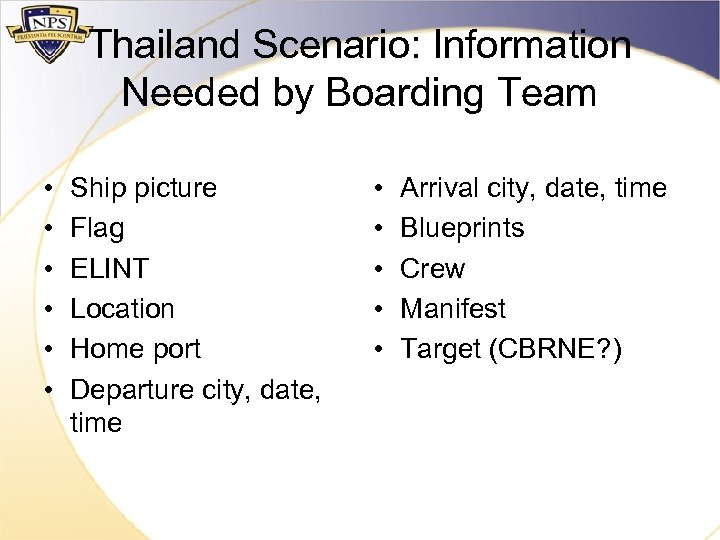 Thailand Scenario: Information Needed by Boarding Team • • • Ship picture Flag ELINT