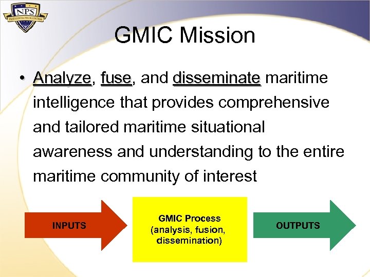 GMIC Mission • Analyze, fuse, and disseminate maritime Analyze fuse disseminate intelligence that provides