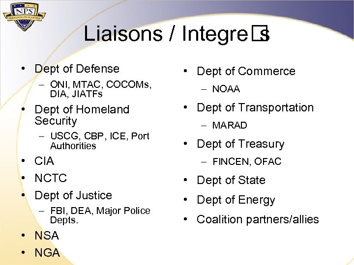 Liaisons / Integre s • Dept of Defense – ONI, MTAC, COCOMs, DIA, JIATFs