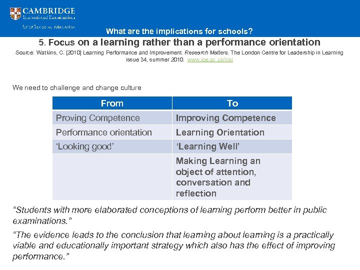 What are the implications for schools? 5. Focus on a learning rather than a