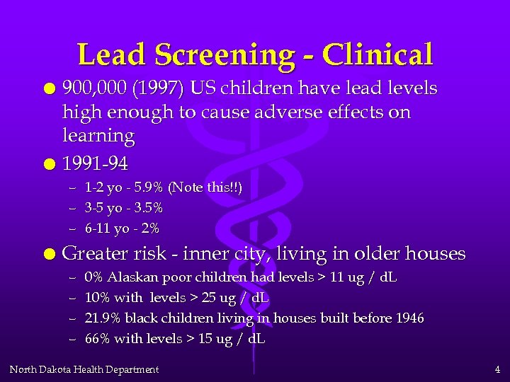 Lead Screening - Clinical l l 900, 000 (1997) US children have lead levels