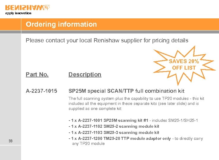 apply innovation Ordering information Please contact your local Renishaw supplier for pricing details SAVES