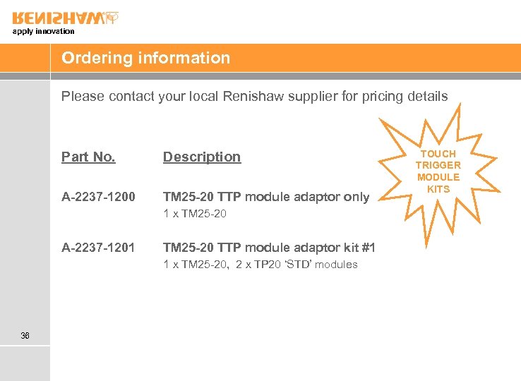 apply innovation Ordering information Please contact your local Renishaw supplier for pricing details Part