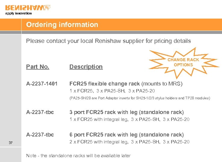 apply innovation Ordering information Please contact your local Renishaw supplier for pricing details CHANGE