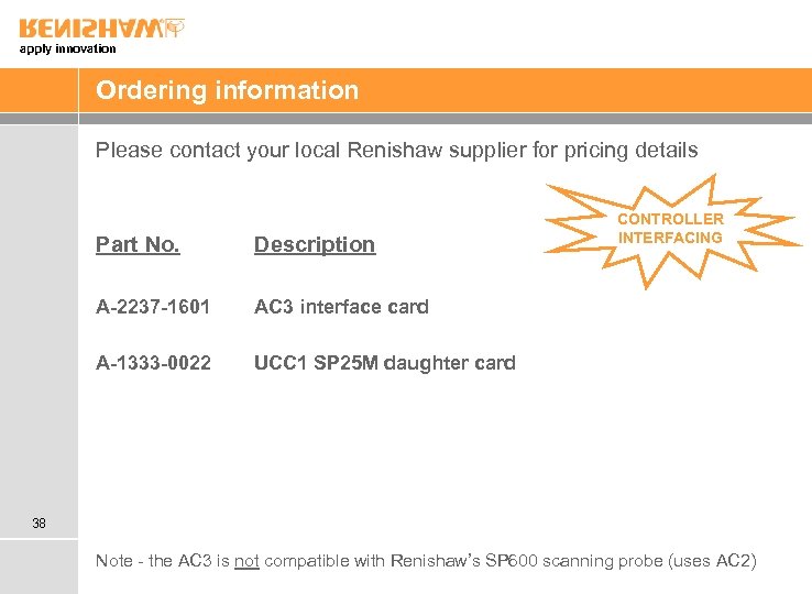 apply innovation Ordering information Please contact your local Renishaw supplier for pricing details Part