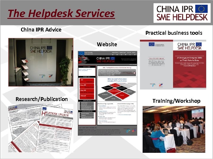 The Helpdesk Services China IPR Advice Practical business tools Website Research/Publication Training/Workshop 