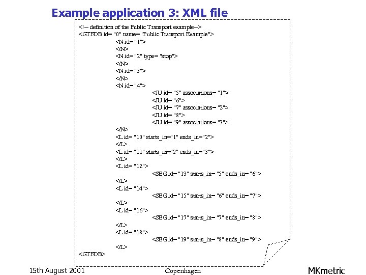 Example application 3: XML file <!-- definition of the Public Transport example--> <GTFDB id=