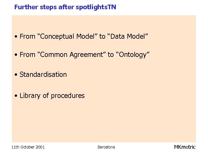 Further steps after spotlights. TN • From “Conceptual Model” to “Data Model” • From