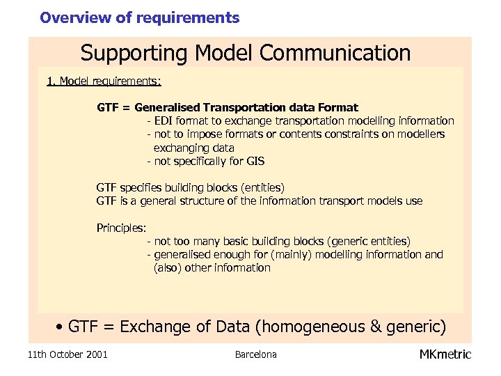 Overview of requirements Supporting Model Communication 1. Model requirements: GTF = Generalised Transportation data