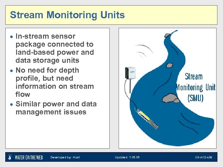 Stream Monitoring Units · In-stream sensor package connected to land-based power and data storage