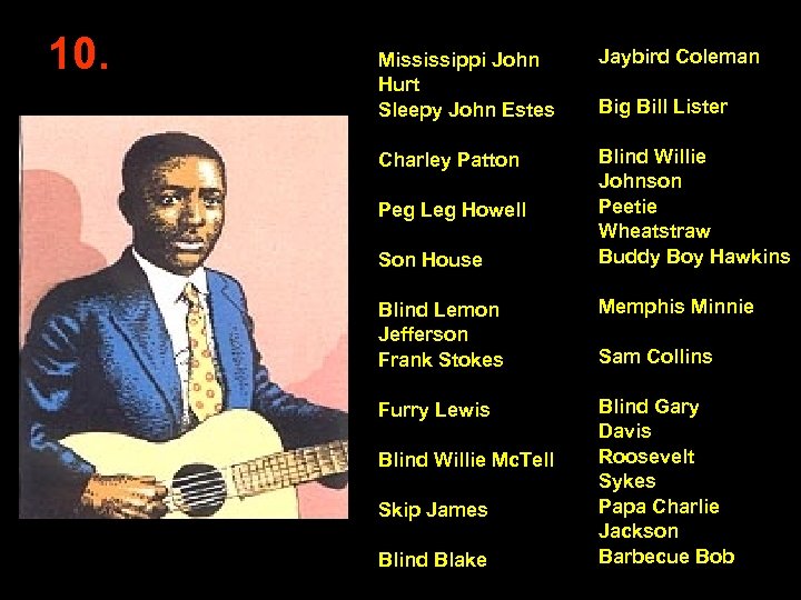 10. Mississippi John Hurt Sleepy John Estes Jaybird Coleman Charley Patton Blind Willie Johnson