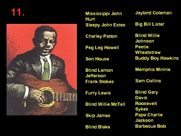 11. Mississippi John Hurt Sleepy John Estes Jaybird Coleman Charley Patton Blind Willie Johnson