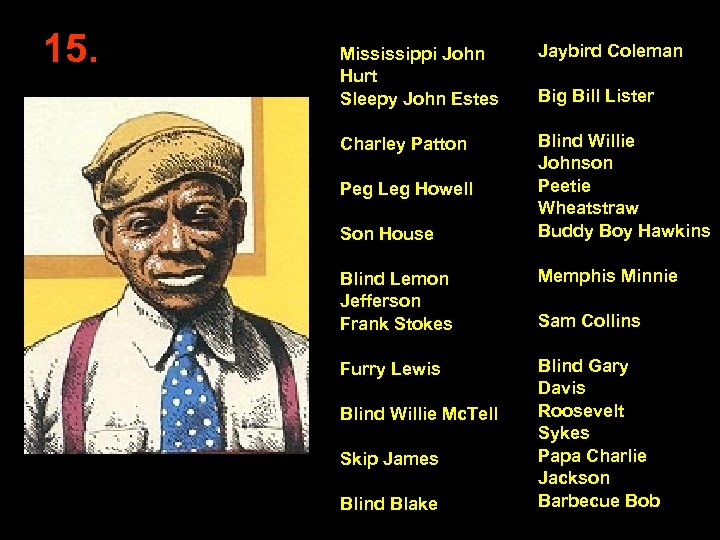 15. Mississippi John Hurt Sleepy John Estes Jaybird Coleman Charley Patton Blind Willie Johnson