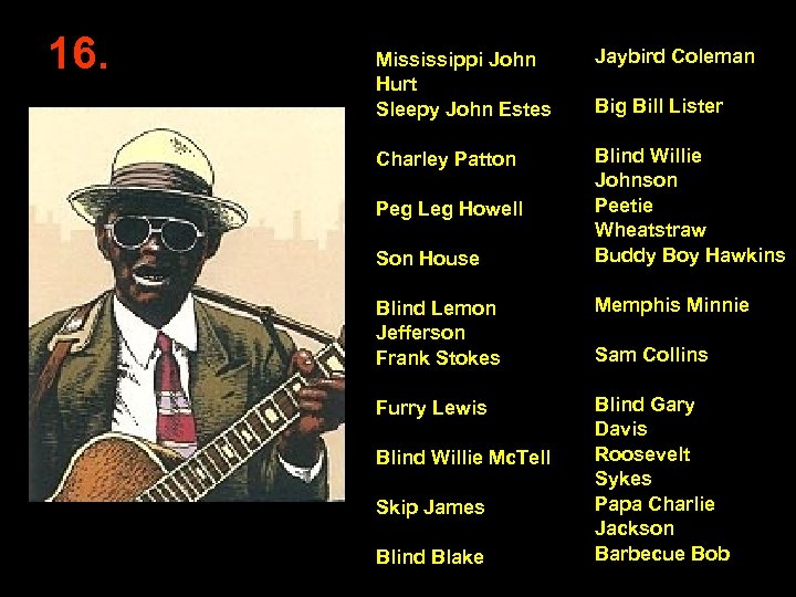 16. Mississippi John Hurt Sleepy John Estes Jaybird Coleman Charley Patton Blind Willie Johnson