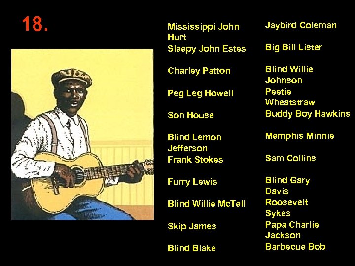 18. Mississippi John Hurt Sleepy John Estes Jaybird Coleman Charley Patton Blind Willie Johnson