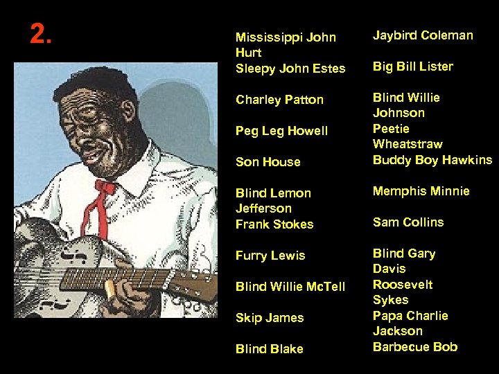 2. Mississippi John Hurt Sleepy John Estes Jaybird Coleman Charley Patton Blind Willie Johnson