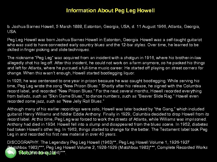 Information About Peg Leg Howell b. Joshua Barnes Howell, 5 March 1888, Eatonton, Georgia,