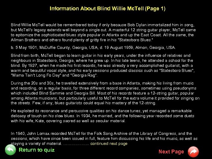 Information About Blind Willie Mc. Tell (Page 1) Blind Willie Mc. Tell would be