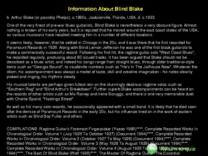 Information About Blind Blake b. Arthur Blake (or possibly Phelps), c. 1890 s, Jacksonville,