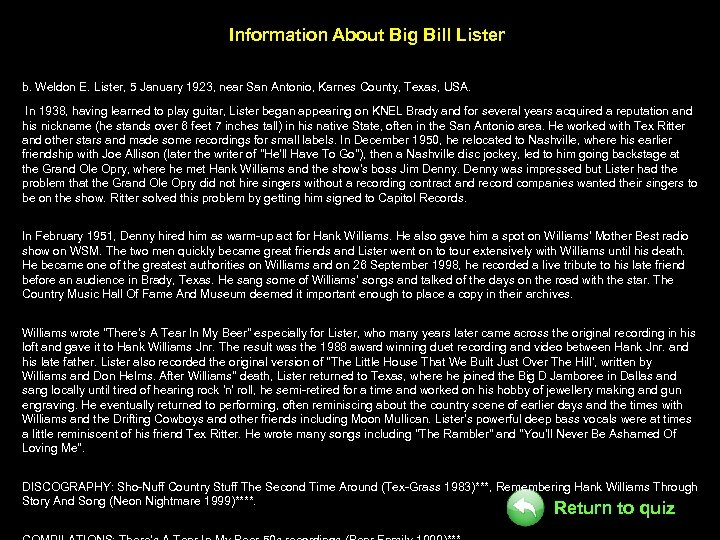 Information About Big Bill Lister b. Weldon E. Lister, 5 January 1923, near San