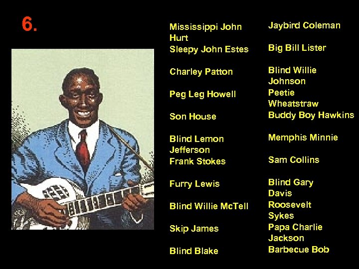 6. Mississippi John Hurt Sleepy John Estes Jaybird Coleman Charley Patton Blind Willie Johnson