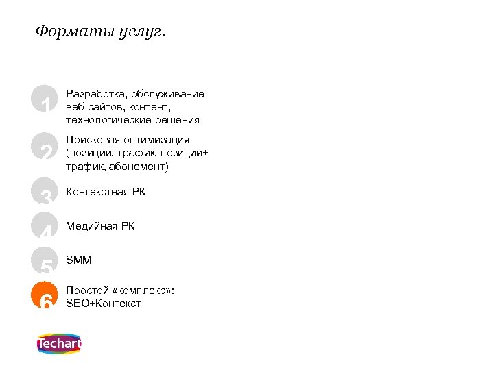 Форматы услуг. 1 Разработка, обслуживание веб-сайтов, контент, технологические решения 2 Поисковая оптимизация (позиции, трафик,