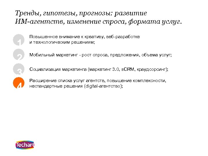 Тренды, гипотезы, прогнозы: развитие ИМ-агентств, изменение спроса, формата услуг. 1 2 3 4 Повышенное