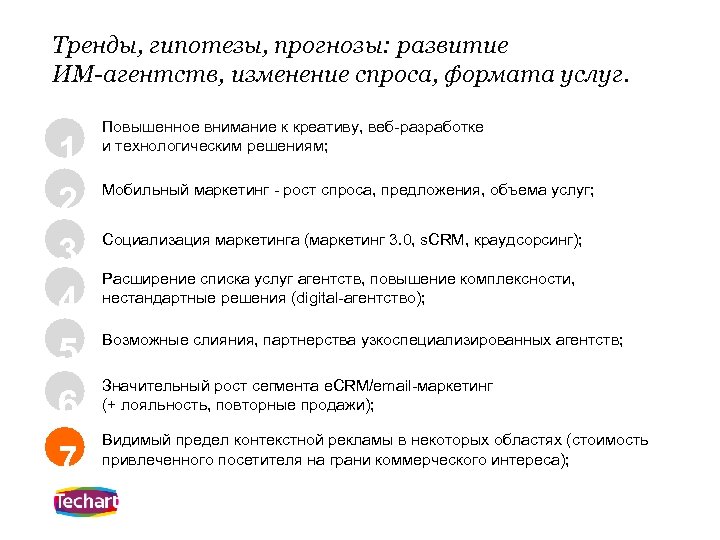 Тренды, гипотезы, прогнозы: развитие ИМ-агентств, изменение спроса, формата услуг. 1 2 3 4 5