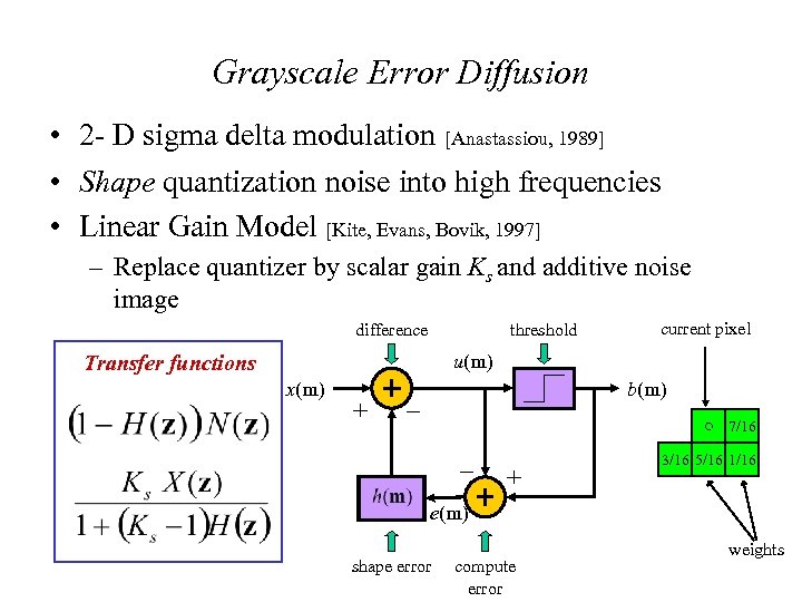 Grayscale Error Diffusion • 2 - D sigma delta modulation [Anastassiou, 1989] • Shape
