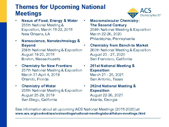 Themes for Upcoming National Meetings • Nexus of Food, Energy & Water 255 th