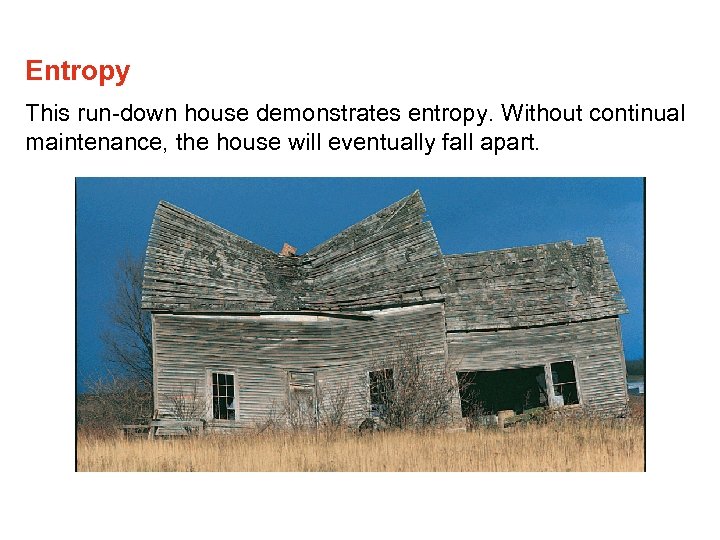 Entropy This run-down house demonstrates entropy. Without continual maintenance, the house will eventually fall