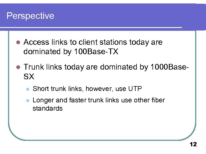 Perspective l Access links to client stations today are dominated by 100 Base-TX l