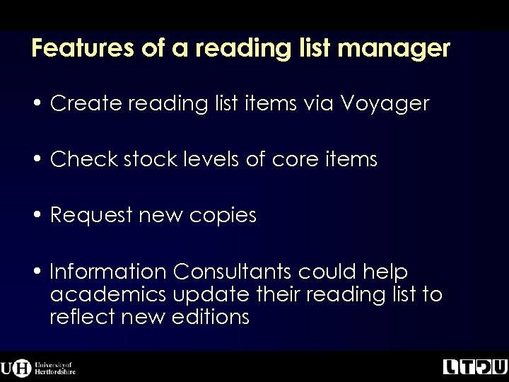 Features of a reading list manager • Create reading list items via Voyager •