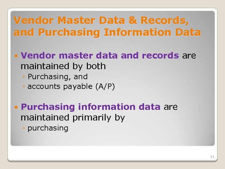 Vendor Master Data & Records, and Purchasing Information Data Vendor master data and records